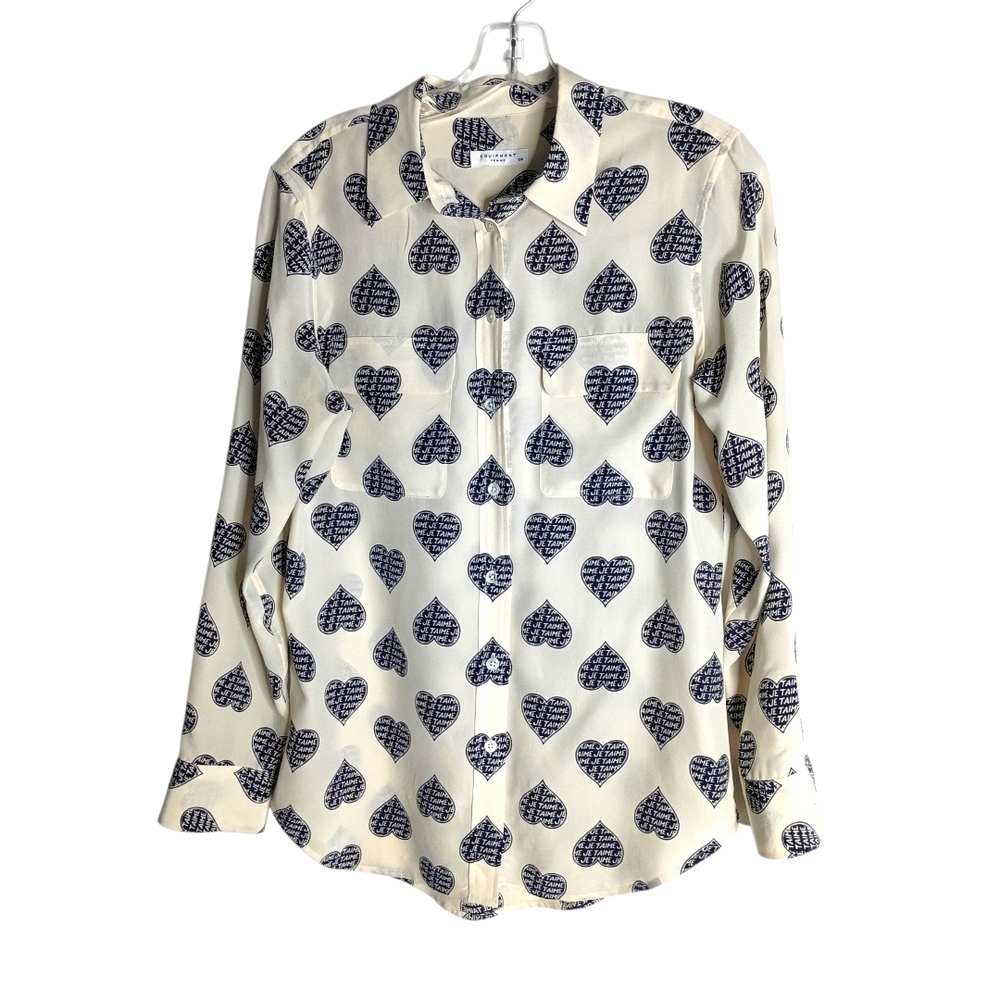 Equipment - Cream and Blue Heart Je Taime Print Silk Shirt - Size S